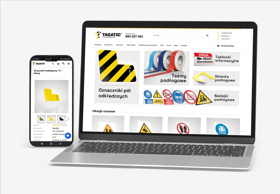 Sklep internetowy Tagatic na laptopie i telefonie — oznaczenia podłogowe, taśmy i tablice BHP
